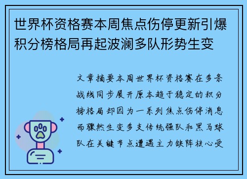 世界杯资格赛本周焦点伤停更新引爆积分榜格局再起波澜多队形势生变 世界杯资格赛本周焦点伤停更新引爆积分榜格局再起波澜多队形势生变